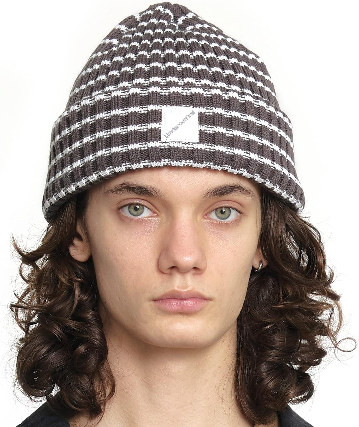 UNDERCONTROL Square Logo Label Unisex Fall Winter Thick Long Stripe Cuffed Rollup Warm Beanie Korea Knit Skull Ski Hat
