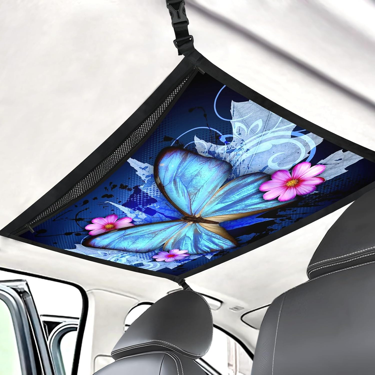 Blue Starry Night Sky Fantasy Trees Car Ceiling Cargo Net Large Storage Pocket 31.5"X23.6" Adjustable Roof Double Layer Net Strengthen Loadbearing Storage Organizer for SUV Trip Camping