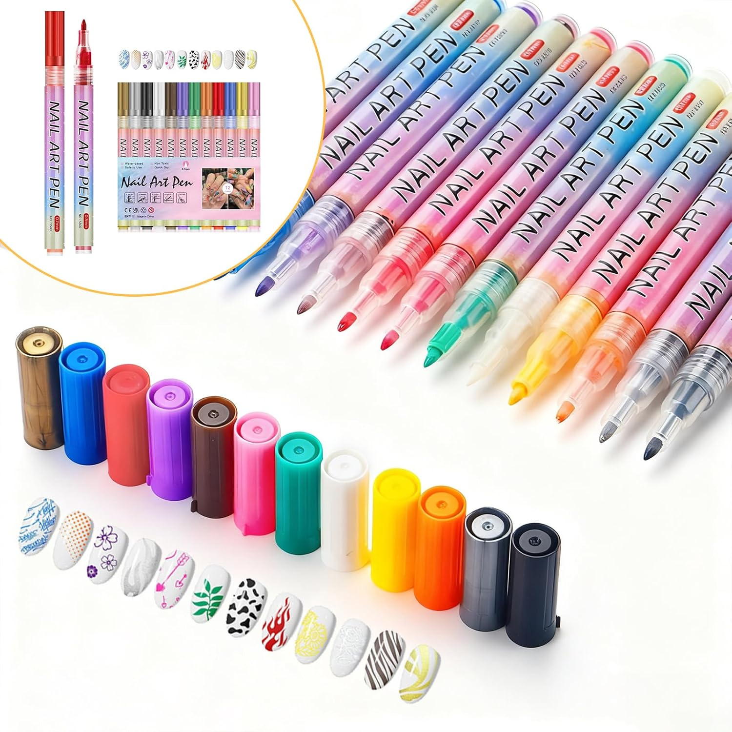 12PCS Nail Art Pens Set, Fine Tip 0.7Mm Waterproof Nail Art Markers for DIY Colorful Nail Designs - 12 Vibrant Colors, Ideal Nail Art Kit for Creative Manicure image number 3