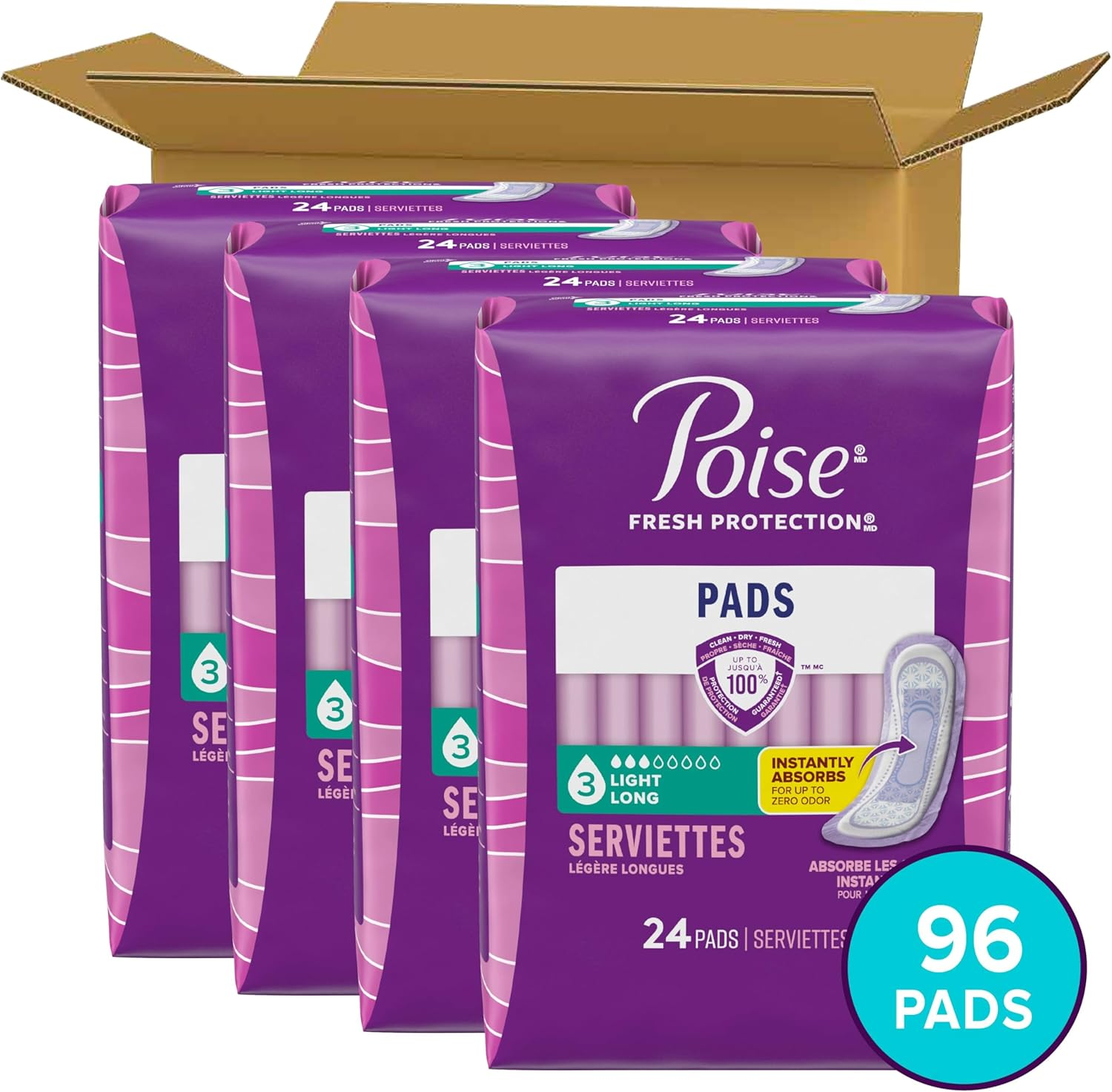 Poise Ultra-Thin Incontinence Pads, Light Absorbency, Long, 4 Packs of 24 Pads, 96 Count Total image number 1
