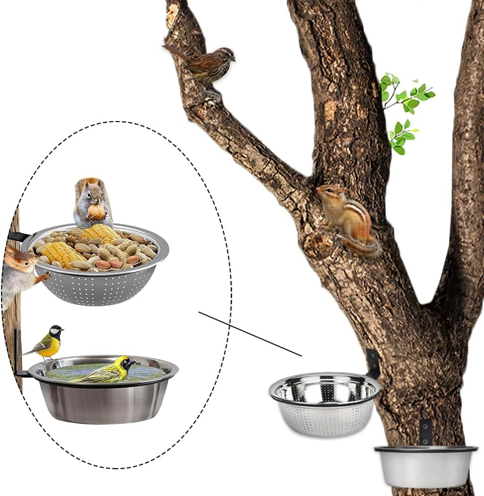Sturdy and Easy Clean Feeders for Outdoor. Squirrel and Bird Feeder for outside Tree/Fence(2 Pack), Removable Metal Bowl Feeder, with Drainage Holes, Adding 1 for Squirrel Watering or Bird Bath/Swim image number 3