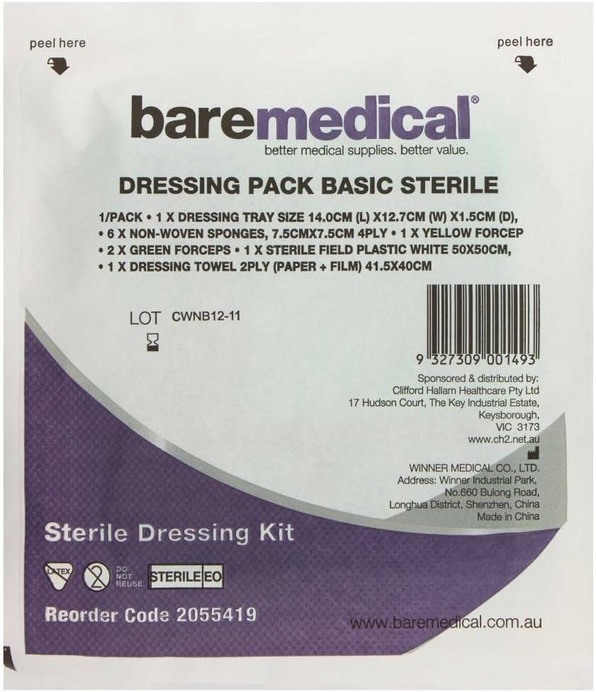 Basic Dressing Pack Sterile 3 Forceps + 6 Gauze Swabs Baremedical Pack 6