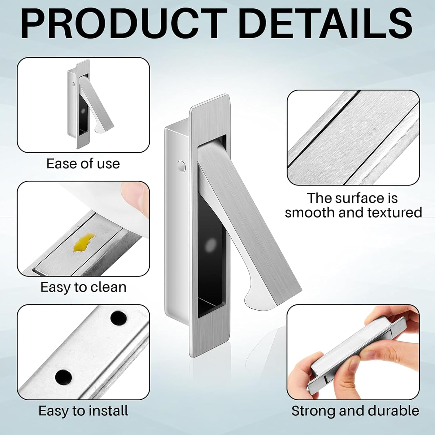 2 Pcs Pocket Door Pull Handle,Flush Mount Door Pull,Hidden Pocket Door Hardware Mount Recessed Drawer Pulls for Sliding Door Closet Cabinet Bathroom,304 Stainless Steel (Silver) - Silver image number 3