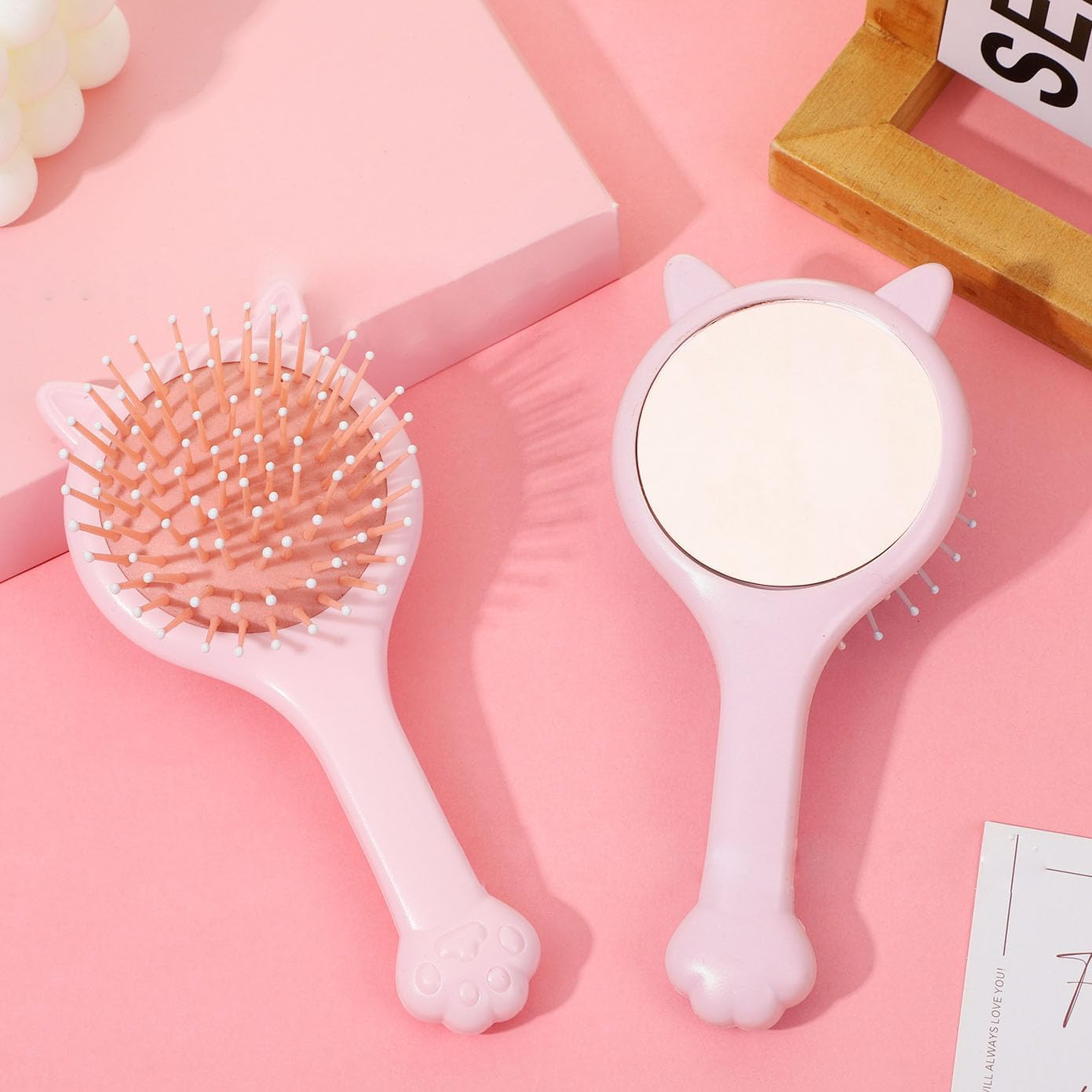 3Pcs Girls Hair Brush & Comb Set - Detangling Brush with Mirror & Wide Tooth Combs for Kids Curly Straight Long Hair, Pink Cat/Strawberry image number 1