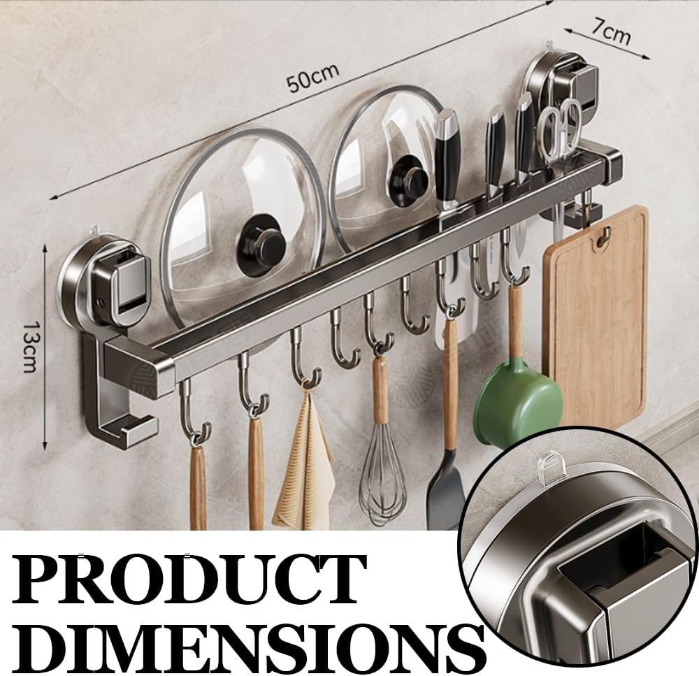 Kitchen Organizer, Kitchen Utensil Rack, Double Rod Wall Mount Hanging Shelf, Pot Hanging Rack, Kitchen Railing with Hooks for Pots and Pans, Gray (10 Hooks 50Cm)