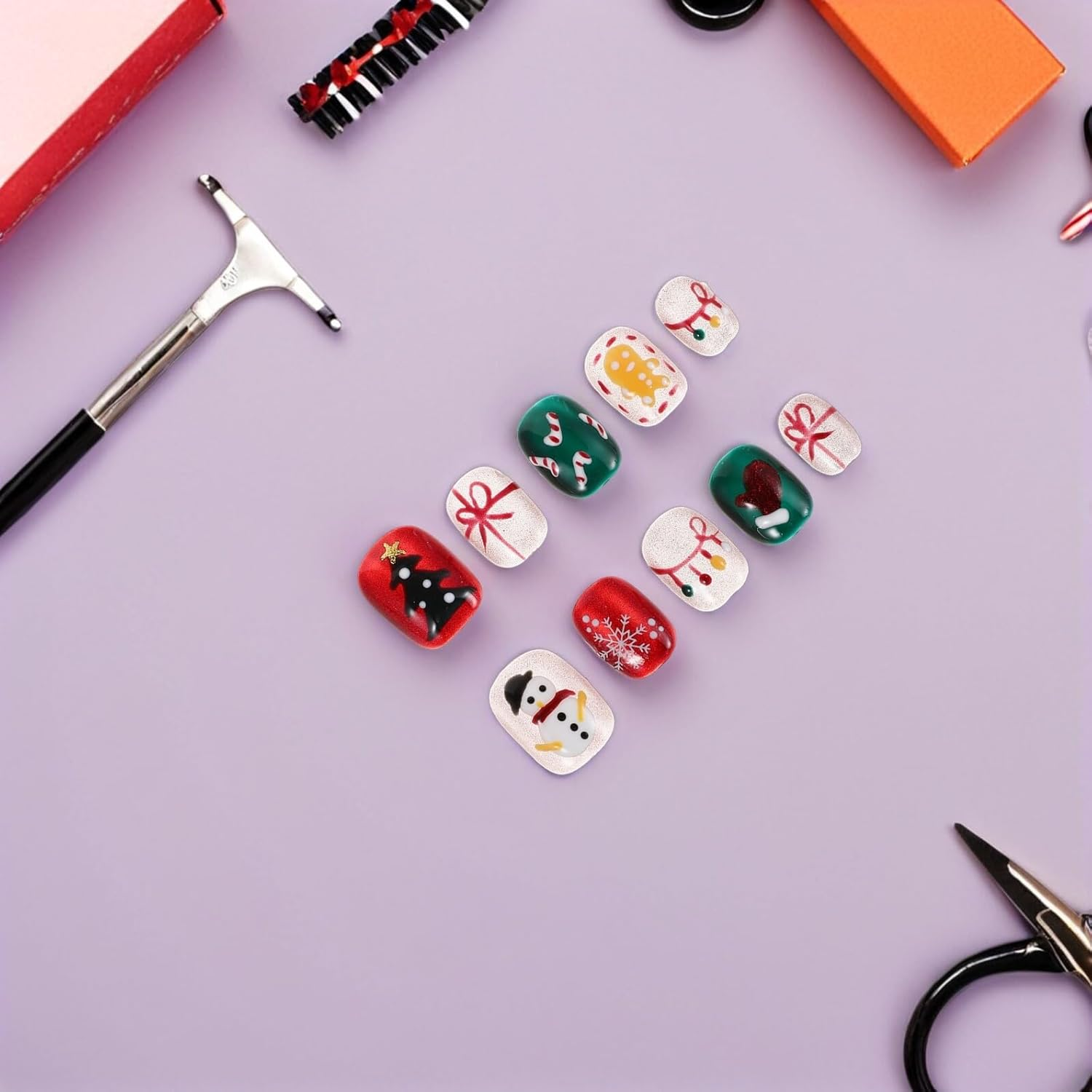 BAZEITFLOW Christmas Short Press Nails Snowflake Candy Cane Art Stickers Square False Nails with French Tips Festive Holiday Manicure for Women image number 3