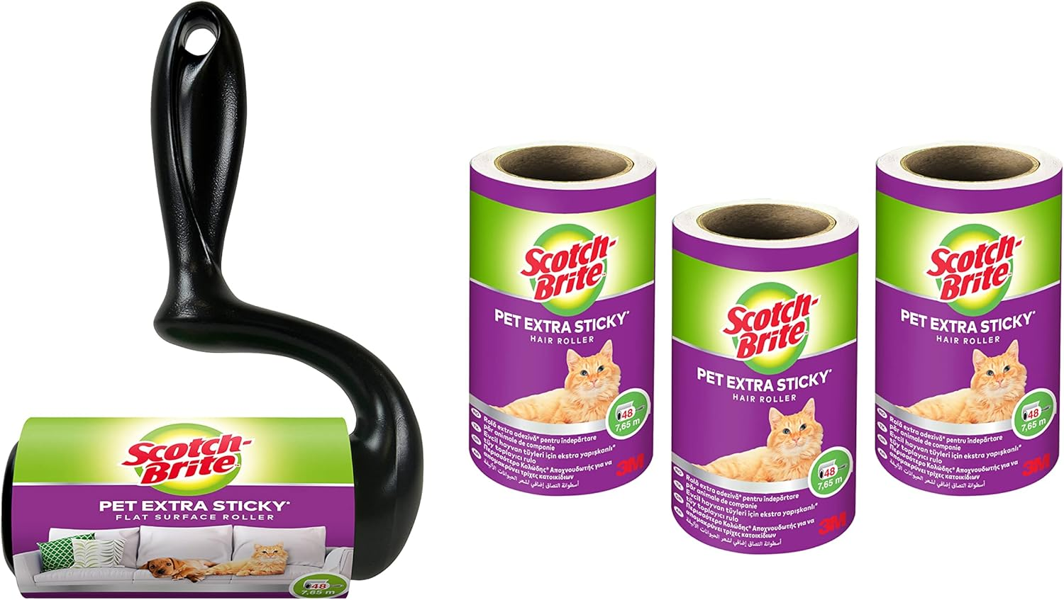 Scotch-Brite Pet Extra Sticky Hair Roller Refill, 3 Rolls, 48 Sheets - Designed for Pet Hair, Easy Tear Sheets, Safe on Fabrics, Total 144 Sheets in Pack, Wei&szlig;