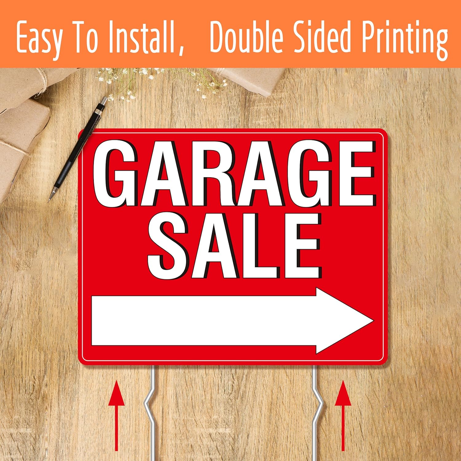 Garage Sale Sign, 3PCS Double Sided Yard Sale Signs with 6 Metal Stakes & 960 Sale Price Labels, Large Font, Fluorescent Neon Color, All-Weather Plastic Sign with Arrow for Garage Sale, Outdoor Estate image number 2