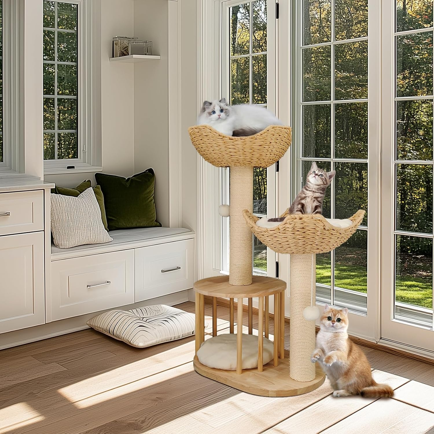 Bingopaw Wooden Cat Tower Tree: 3-Tier Kitten Tree Activity Tower Condo Furniture with Plush Cushion Cozy Rest Dangling Ball Sisal Scratching Post Indoor 60X40X99Hcm image number 2