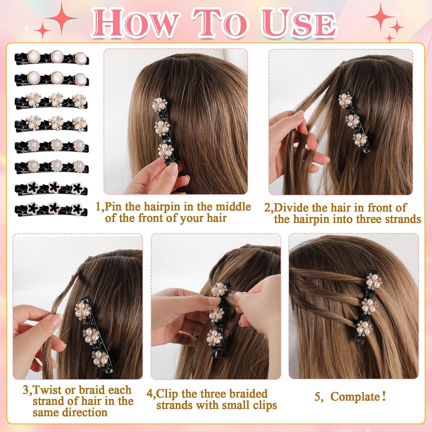 JSRQT 8Pcs Elegant Pearl Braided Hair Clips, French Duckbill Hairpin for Women Girls, Double Layer Design Bangs Clip Hair Slides with 3 Mini Hairpins, Fashion Barrettes Accessories, 4 Styles image number 6