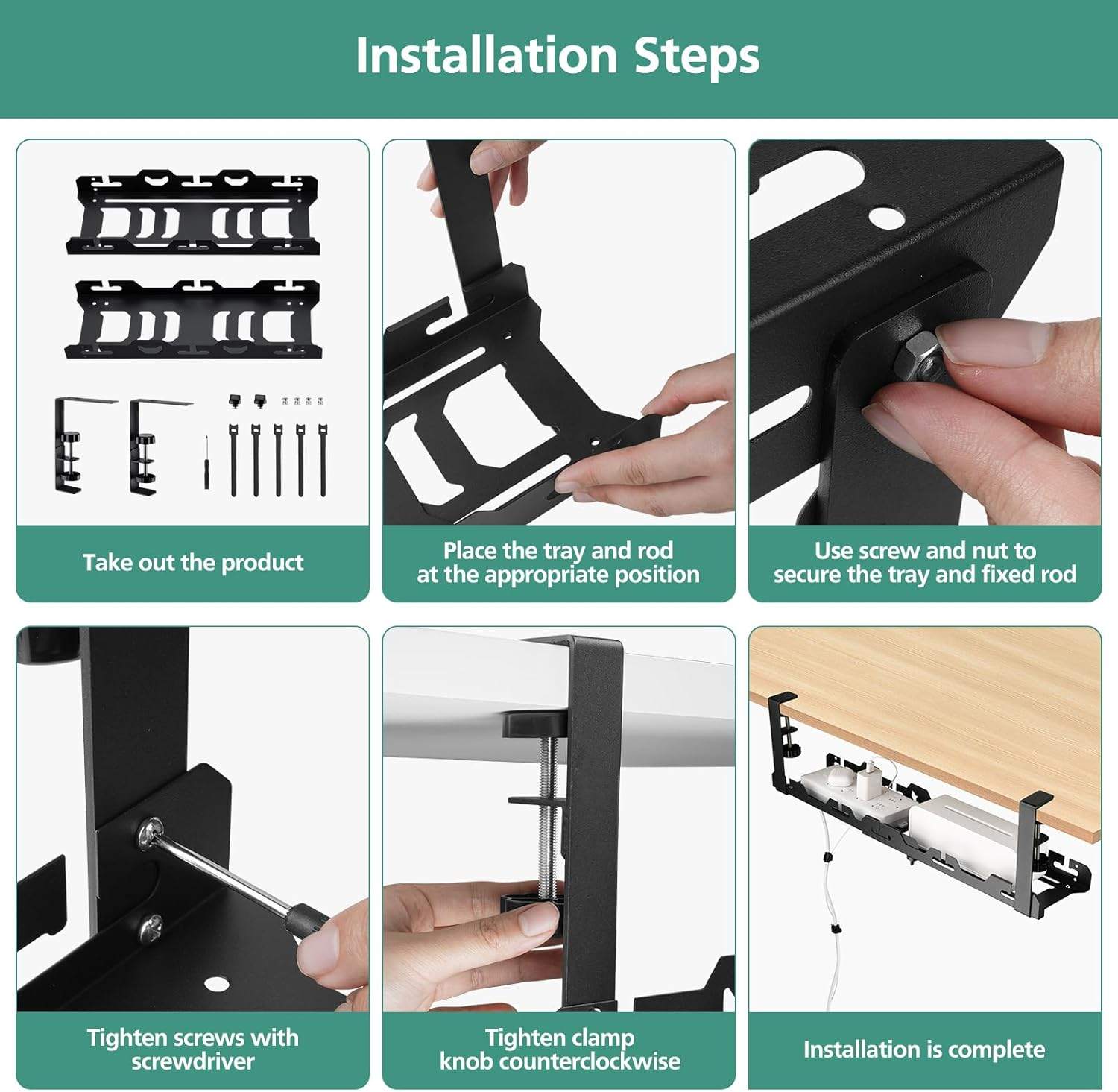 Under Desk Cable Management Tray,45-72Cm Adjustable Length Non-Drill Installation Cord Management for Home Office,Durable Carbon Steel Black image number 2
