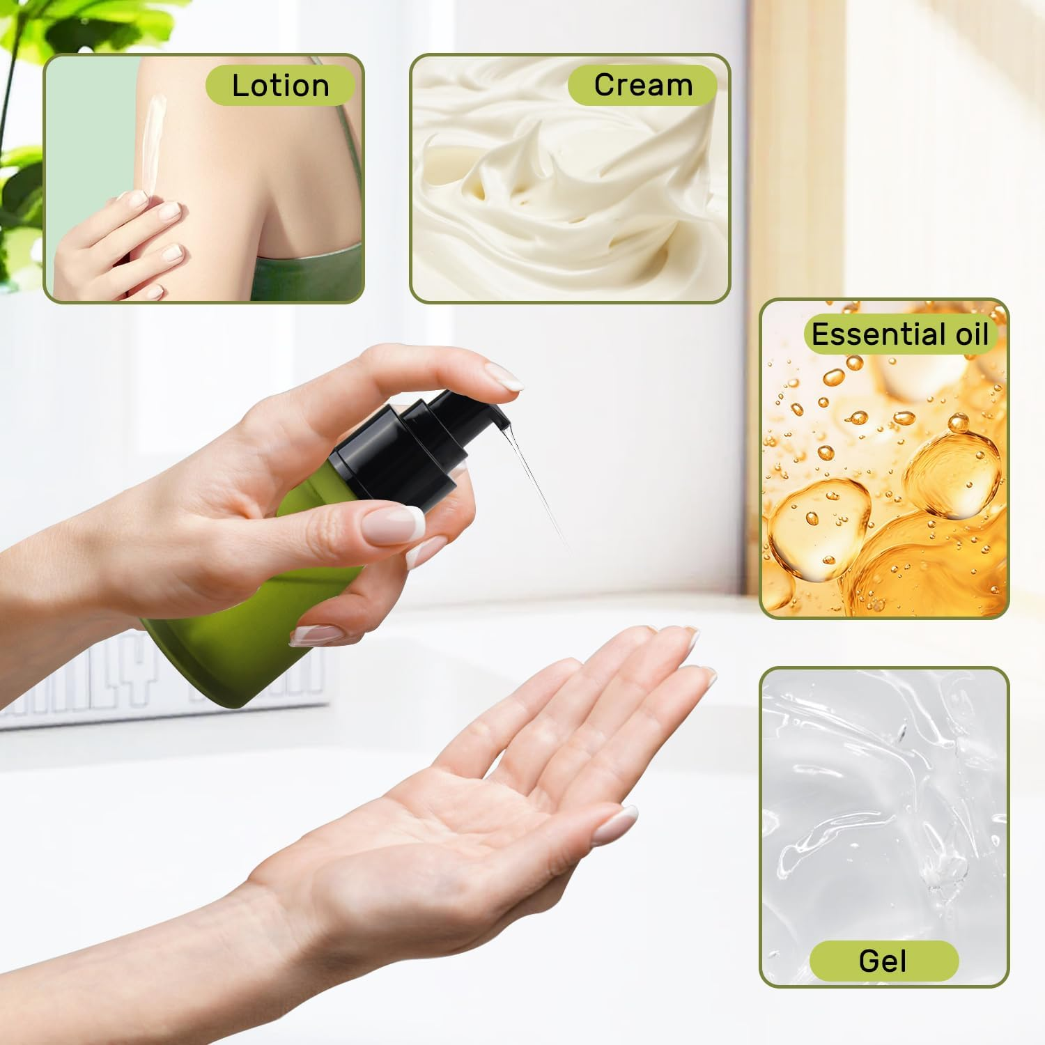 BOSMIOW 5 Pieces 60Ml/2Oz Empty Green Glass Lotion Pump Bottles,Refillable Essential Oil Jars with 1 Funnel and 1 Pipette,Cosmetic Sample Containers for Foundation,Cream,Gel,Shampoo