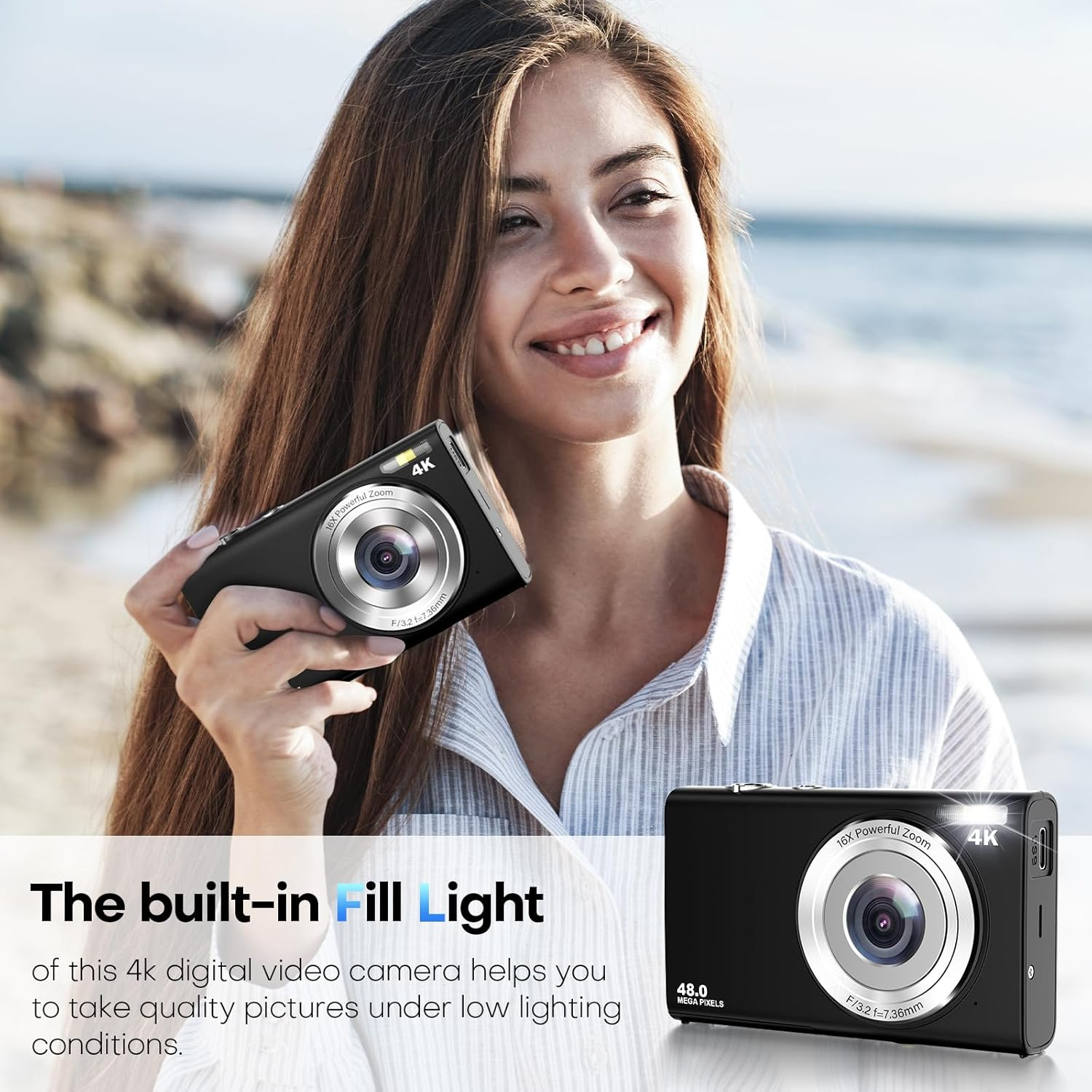 Digital Camera, Autofocus Compact Camera HD 4K 48MP with 2.8" Large Screen, 16X Digital Zoom, Portable Mini Camera for Kids,Adult,Beginners (Black) - Black image number 2