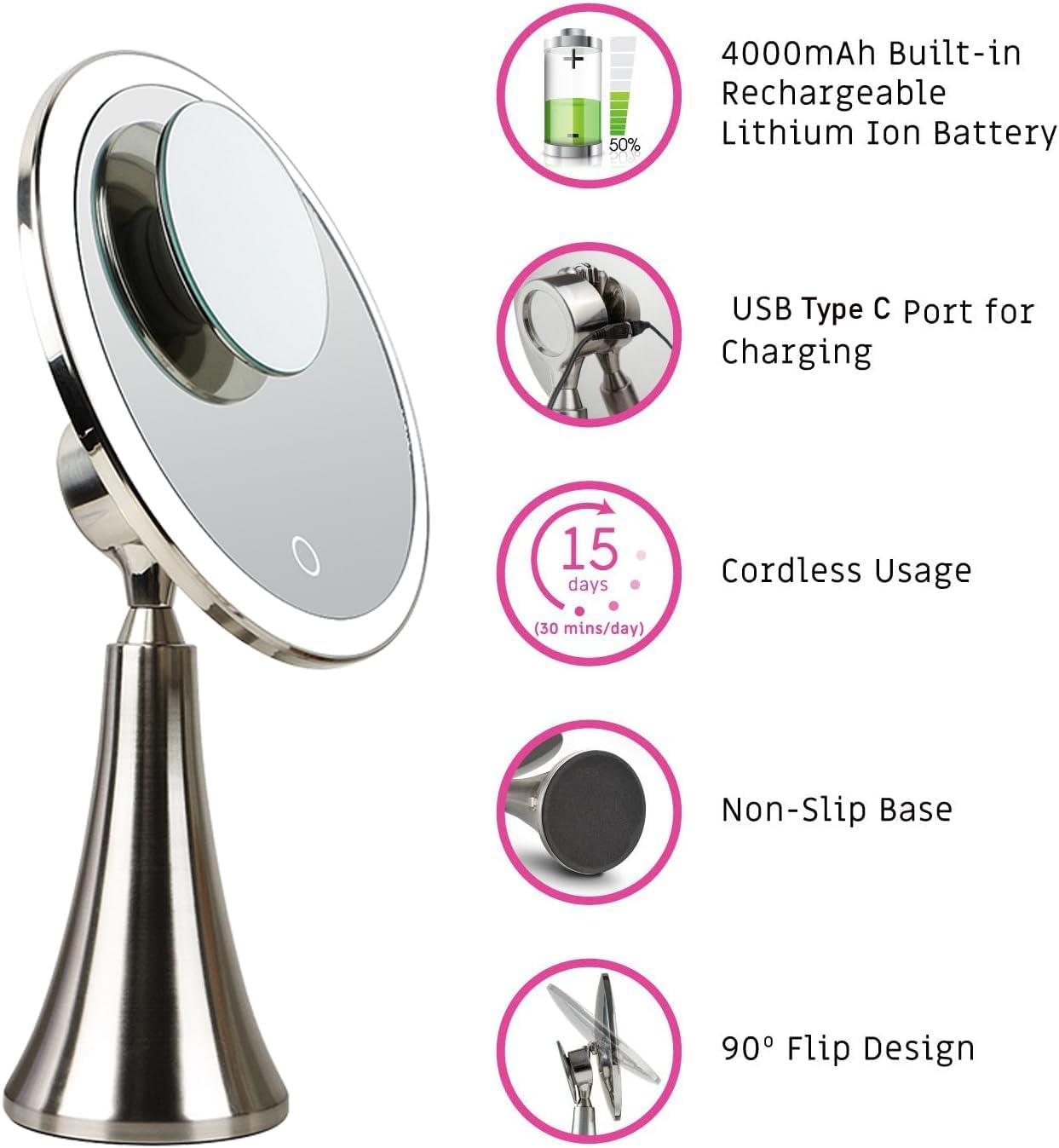 9Inch Lighted round Makeup Vanity Mirror, 5X/10X Dual Magnification with Ultra Bright LED Lights Beauty Mirror, Rechargeable, Cordless, Touch Control Adjustable Brightness, Brushed Stainless Steel image number 3