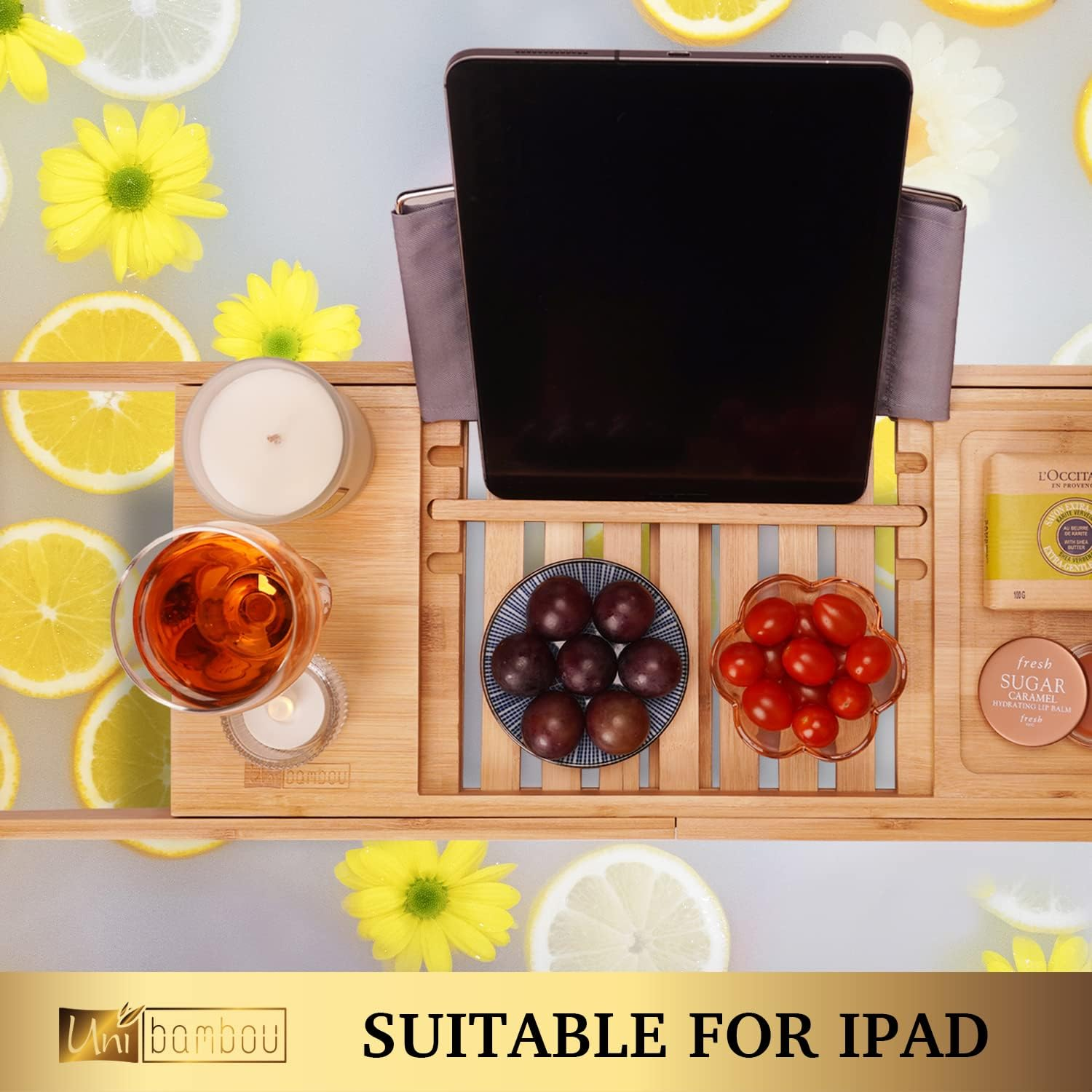 Bamboo Bathtub Caddy Tray for Luxury Bath, Expandable Bath Tray for Tub with Book and Wine Holder- Gift Idea for Loved Ones image number 6