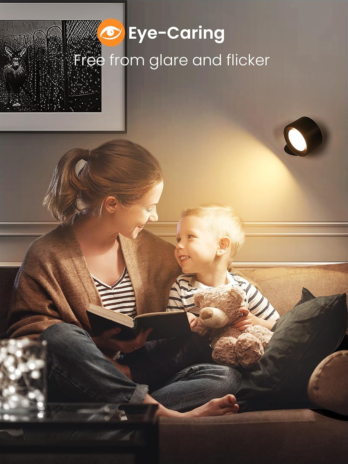 LED Wall Sconces Battery Operated 360&deg; Rotation Decor Wall Mounted Cordless Lights, 3 Color Temperatures & Dimmable, Wireless Magnetic Picture Lights Bedside Wall Lamps Bedroom, Livingroom-Black - Wood image number 2