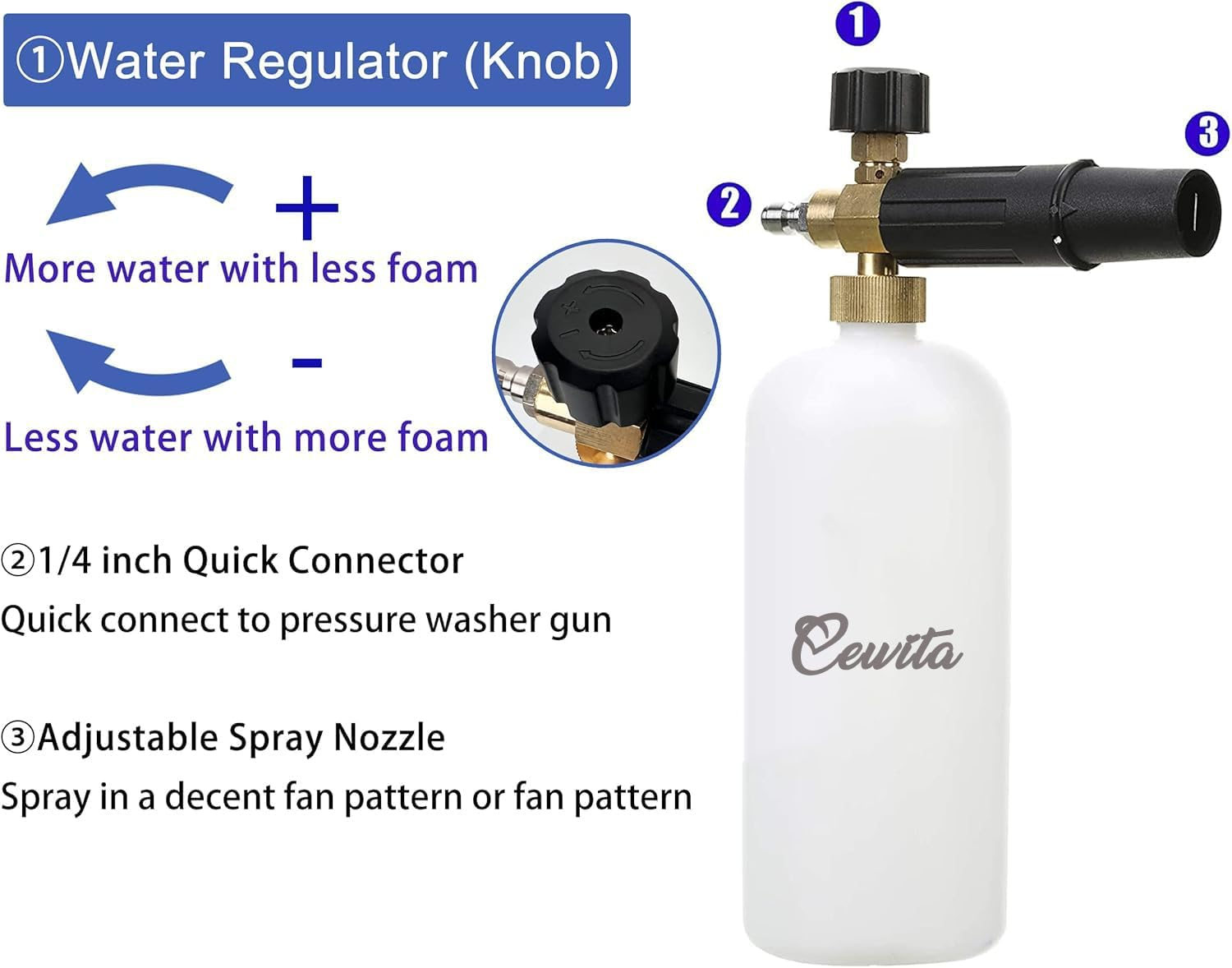 Foam Cannon Short Pressure Washer Gun 1/4 Inch Quick Connector, 1 Liter Car Wash Foam Gun with 5 Pressure Washer Nozzle Tips 3/8'' Swivel Quick Connector, Applicable to M22-14 Threaded Interface