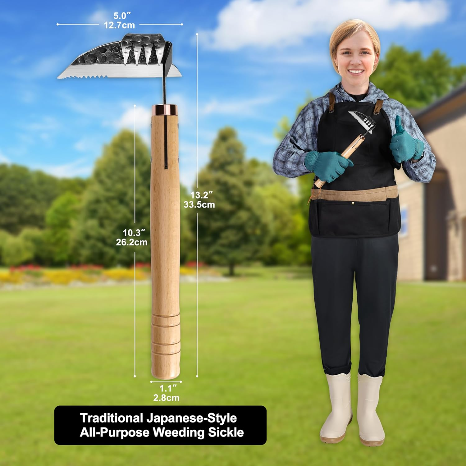 AON All-Purpose Japanese Weeding Sickle & Razor Hand Hoe, Forged Steel Weed Puller Tool with Sharp Edge & 4-Tine for Digging, Weeding, Uprooting in Vegetable Gardening, Backyard or Raised Garden Beds image number 6