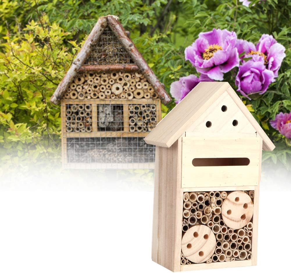Wooden Bee House, Wood Bee Room Shelter, Safe Wooden Insect Hotel, Lovely Outdoor Bee Home, Garden Decoration for Outdoors Attracts Bee Pollinators (Type B)