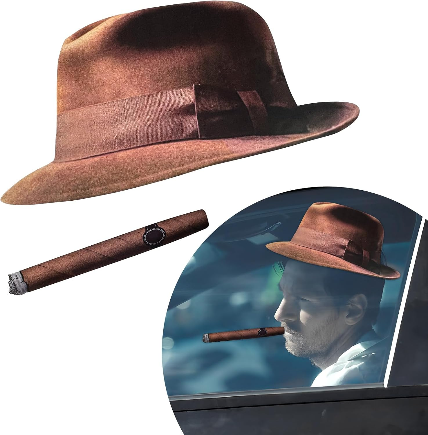 DXNQ Fedora and Cigar Window Decal, Funny Driving Fake with Hat and Cigar Car Stickers, Waterproof Driving Crooner Decals for Vehicle Window Windshield, Car Decor Accessories (Style A)