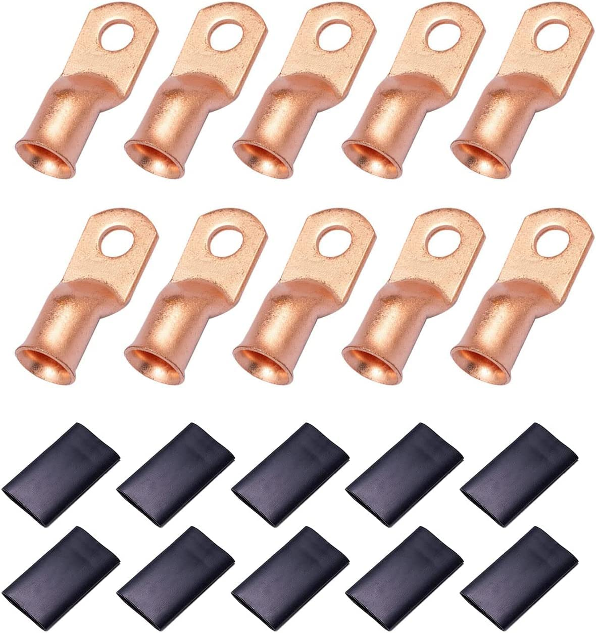 10 Pcs 5/16" Ring (M8) Heavy Duty Copper Wire Lugs Battery Cable Ends Bare Copper Eyelets Tubular Ring Terminal Connectors Assortment Kit,6 AWG/ 13.3Mm&sup2; Crimp Wire Ring Lugs with 10Pcs Heat Shrink Set