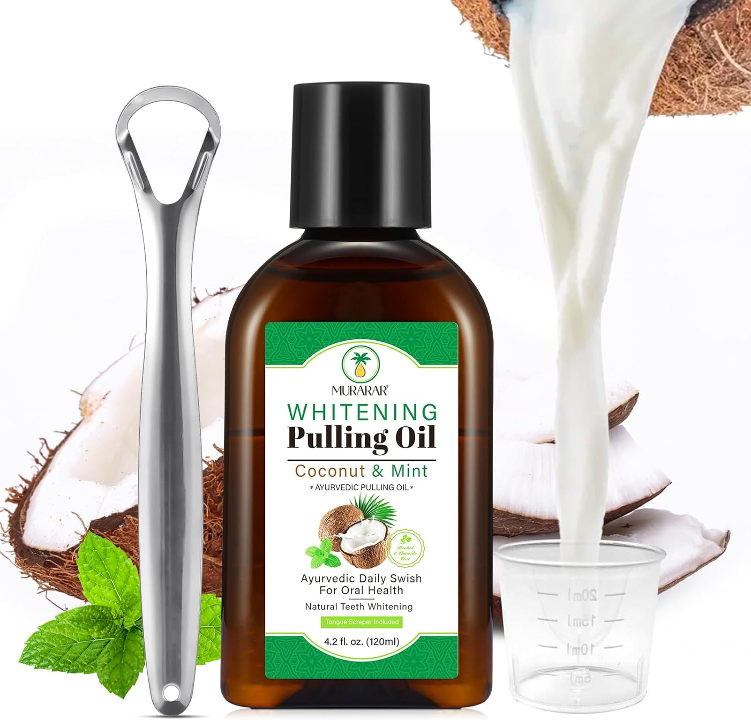 Pulling Oil Mouthwash for Natural Teeth Whitening, Coconut & Mint Pulling Oil, Daily Swish for Oral Health, Fresh Breath, Tongue Scraper Included, Alcohol & Fluoride Free, 4.2 Fl. 0Z. (120Ml) image number 5