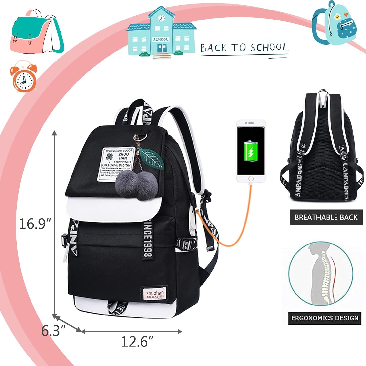 Lmeison Backpack for Girls Schoolbag for Kids Children Bookbag Casual Daypack for Women - Black-01 image number 7