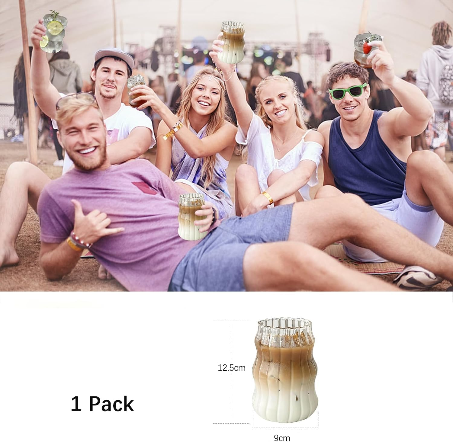 Vintage Ribbed Glassware Water Tumbler, 18 Oz Aesthetic Ripple Glass Tumbler, Ripple Glassware Coffee Cup, Cute Glass Tumbler for Iced Coffee Juice Drink Milk (1 Pcs) image number 3