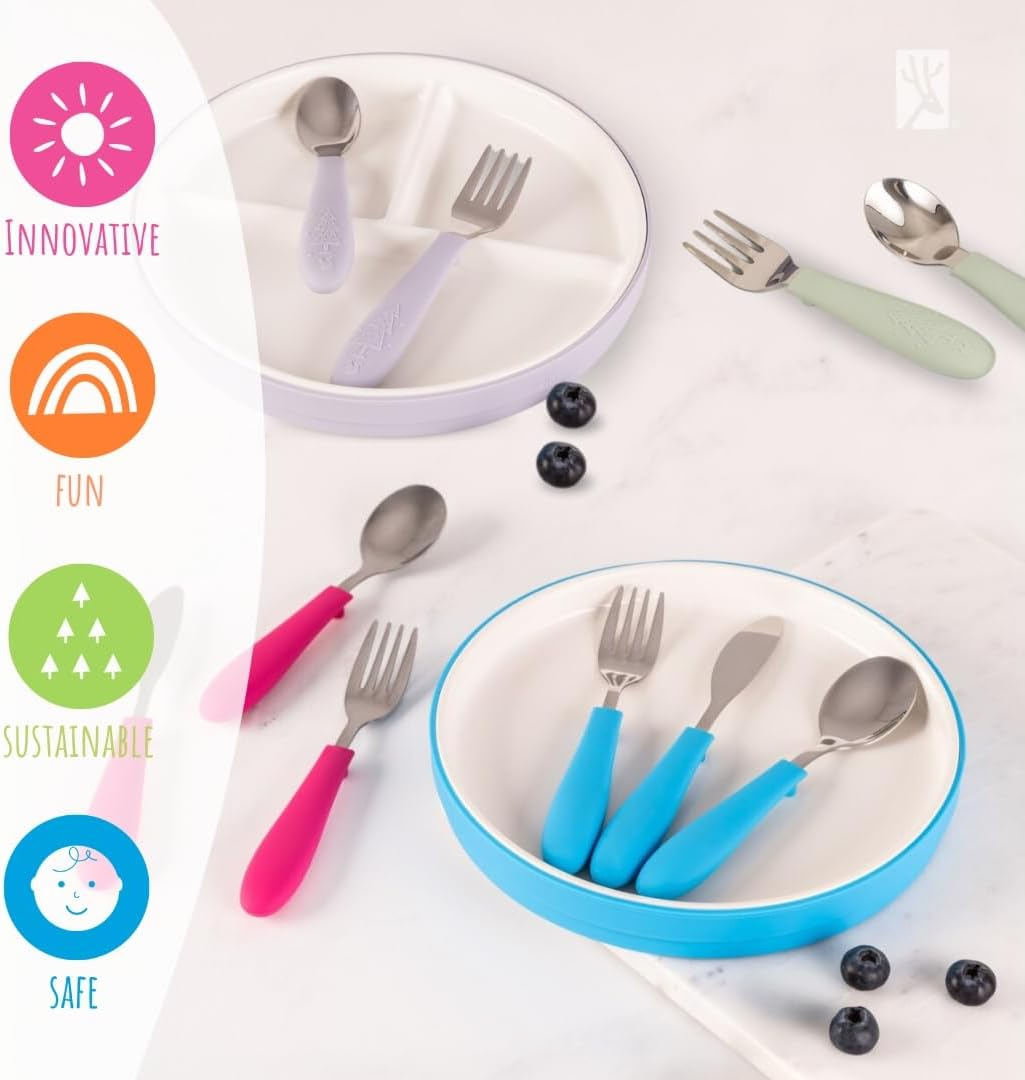 Elk and Friends Kids Silverware with Silicone Handle | Childrens Safe Flatware | Spoon + Fork + Knife Utensil Set | 4 Years+ | Stainless Steel Cutlery | Dishwasher Safe | 6 Pieces image number 3