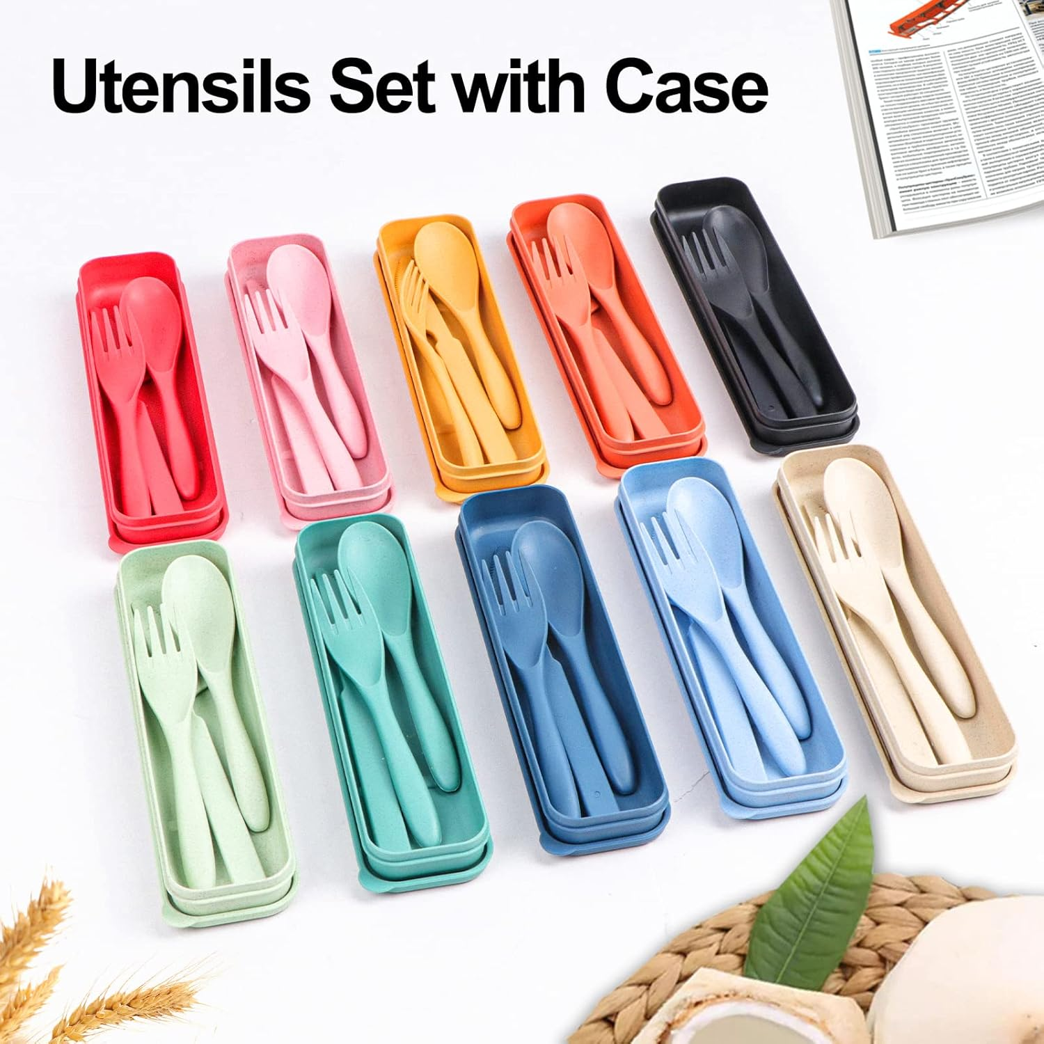 Reusable Travel Utensils Set with Case, 4 Sets Wheat Straw Portable Plastic Fork Spoons Knife Camping Cutlery, Eco-Friendly BPA Free Lunch Tableware Travel Picnic Silverware for Kids Adults Daily Use image number 3