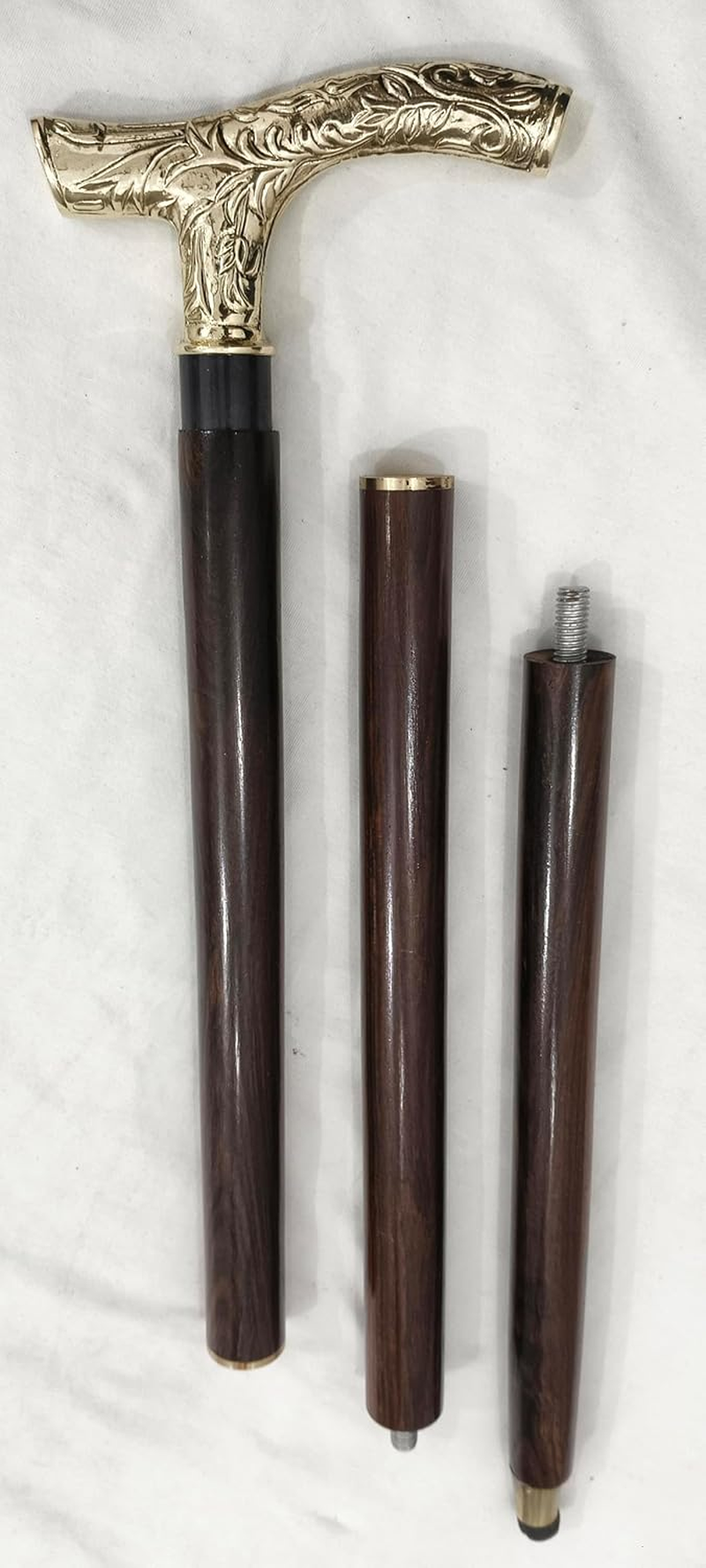 Vintage Walking Stick, 94 Cm Brown Wooden Cane, Decorative Brass T-Handle, 3-Piece Design