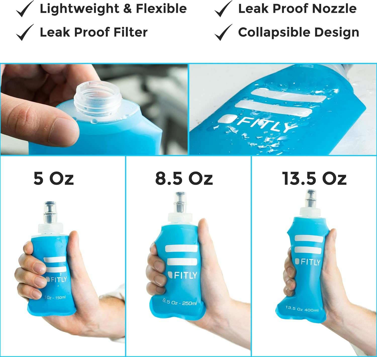 FITLY Soft Flask 3 Pack - 5Oz/150Ml, 8.5Oz/250Ml, & 13.5Oz/400Ml - Shrink as You Drink, BPA & Pvc-Free, Collapsible, Reusable, Perfect for Running, Hiking, Climbing - Blue image number 5