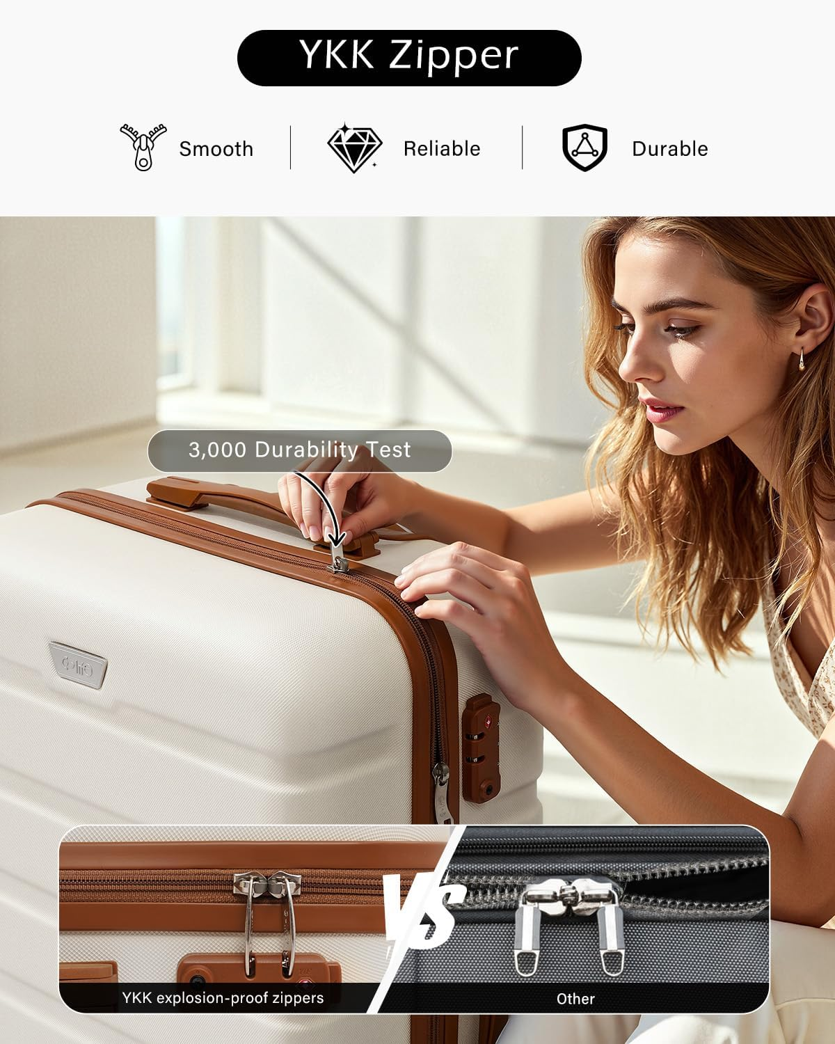 COOLIFE Luggage ABS+PC Lightweight Hard Shell Carry on Suitcase with TSA Lock and 4 Durable Spinner Wheels, White/Brown, 24 Inch image number 2