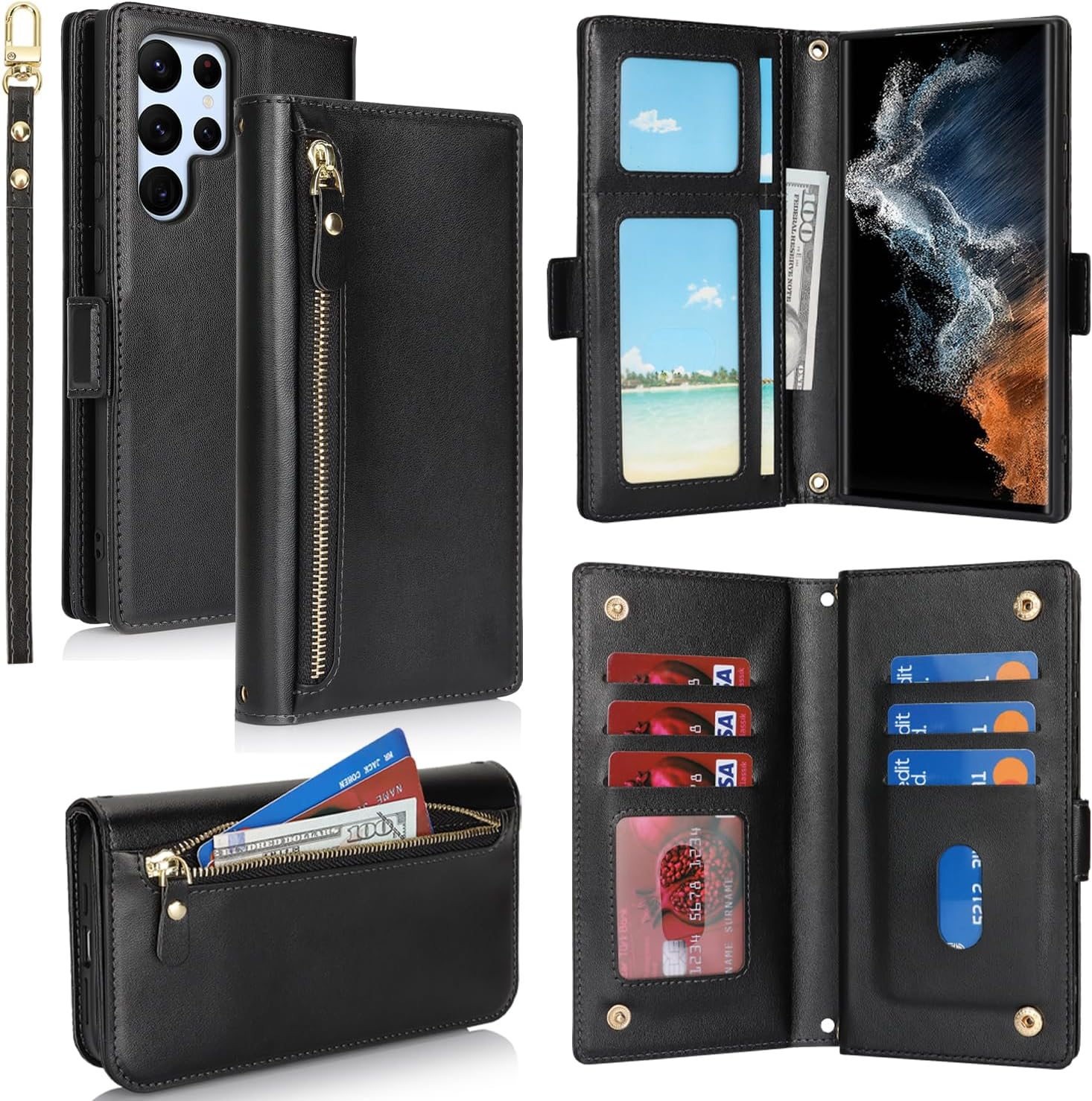 Sunyoo for Iphone 15 Case Leather Wallet with Card Holders Money Slots Wrist Strap for Women Men RFID Blocking Purse for Iphone15 Zipper Coin Pocket Cover Kickstand Folio Flip Case Purple