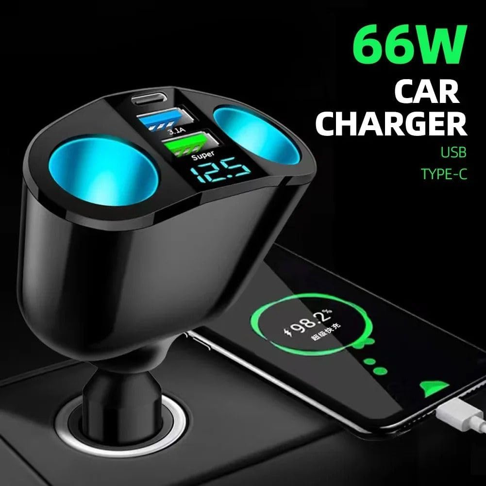120W Car Charger Cigarette Lighter Double Power Adapter Socket Splitter Dual USB a and Type C Plug Adapter Power Socket Adapter with Voltage LED Display image number 2