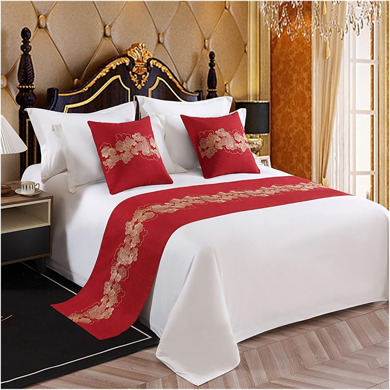 Bed Runners and Scarves,Luxury Bedding Protector Bed Runners,Modern Cotton and Linen Decorative Bed Foot Bed Scarf,Soft and Bed Runner for Bedroom Hotel Wedding Room(Red,240 * 50Cm) image number 6