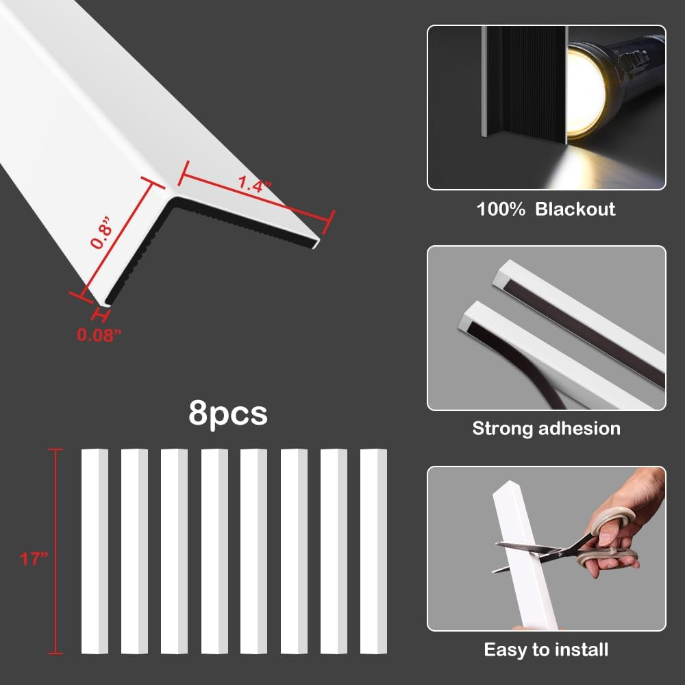 KELIXU 100% Blackout PVC Light Blockers for Roller Blinds Window Shades, Light Blocking Strips Block Light along Two Sides of Windows, Easy to Install, 43 CM L X 3.5 CM W X 0.2 CM H-8 PCS - White