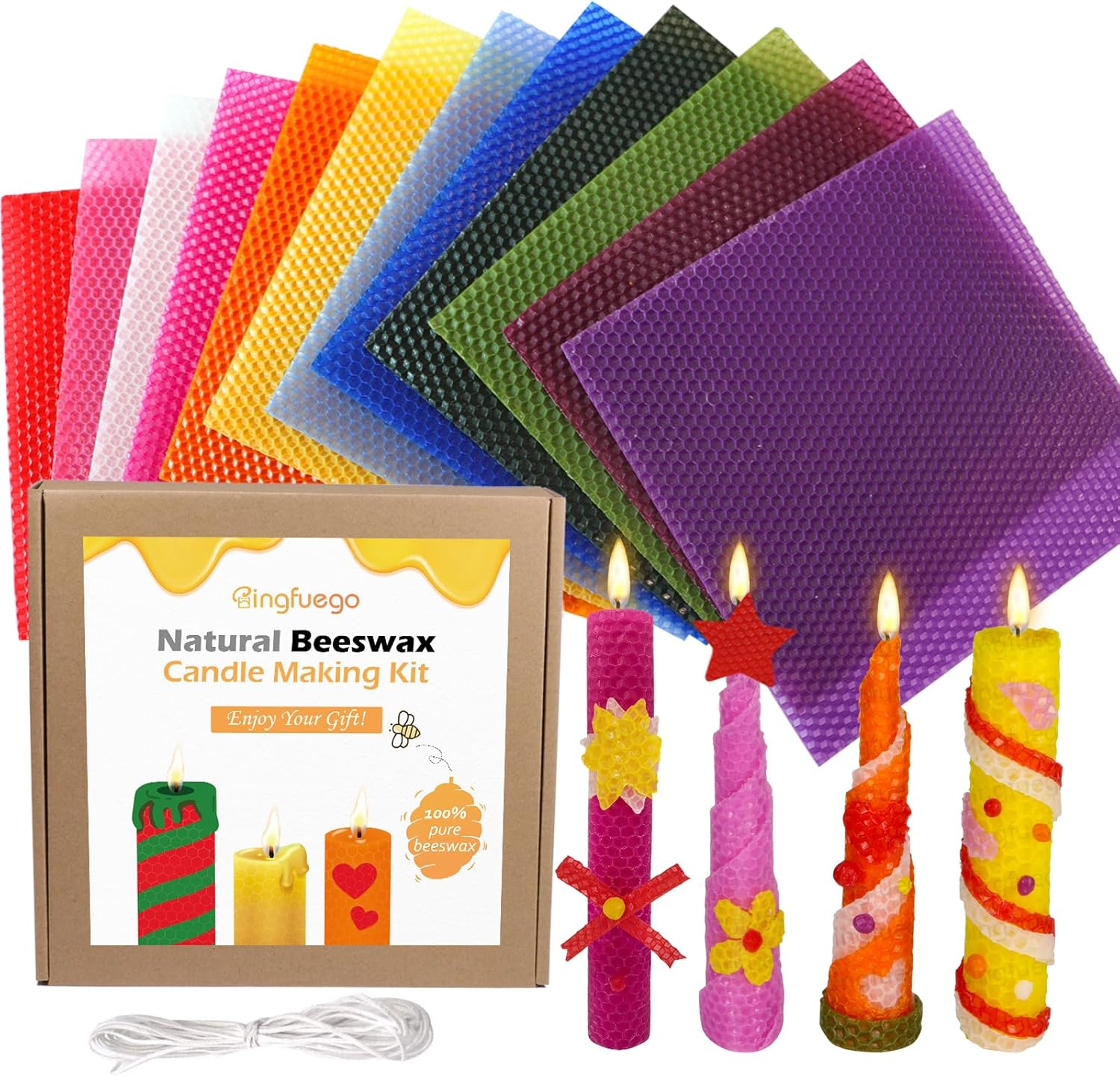 Bingfuego Beeswax Candle Making Kit for Kids-12 Beeswax Sheets for Candle Making Rolling Kits, Natural Beeswax Candle Making Kit (Bright Color, 8 X 8 Inch)