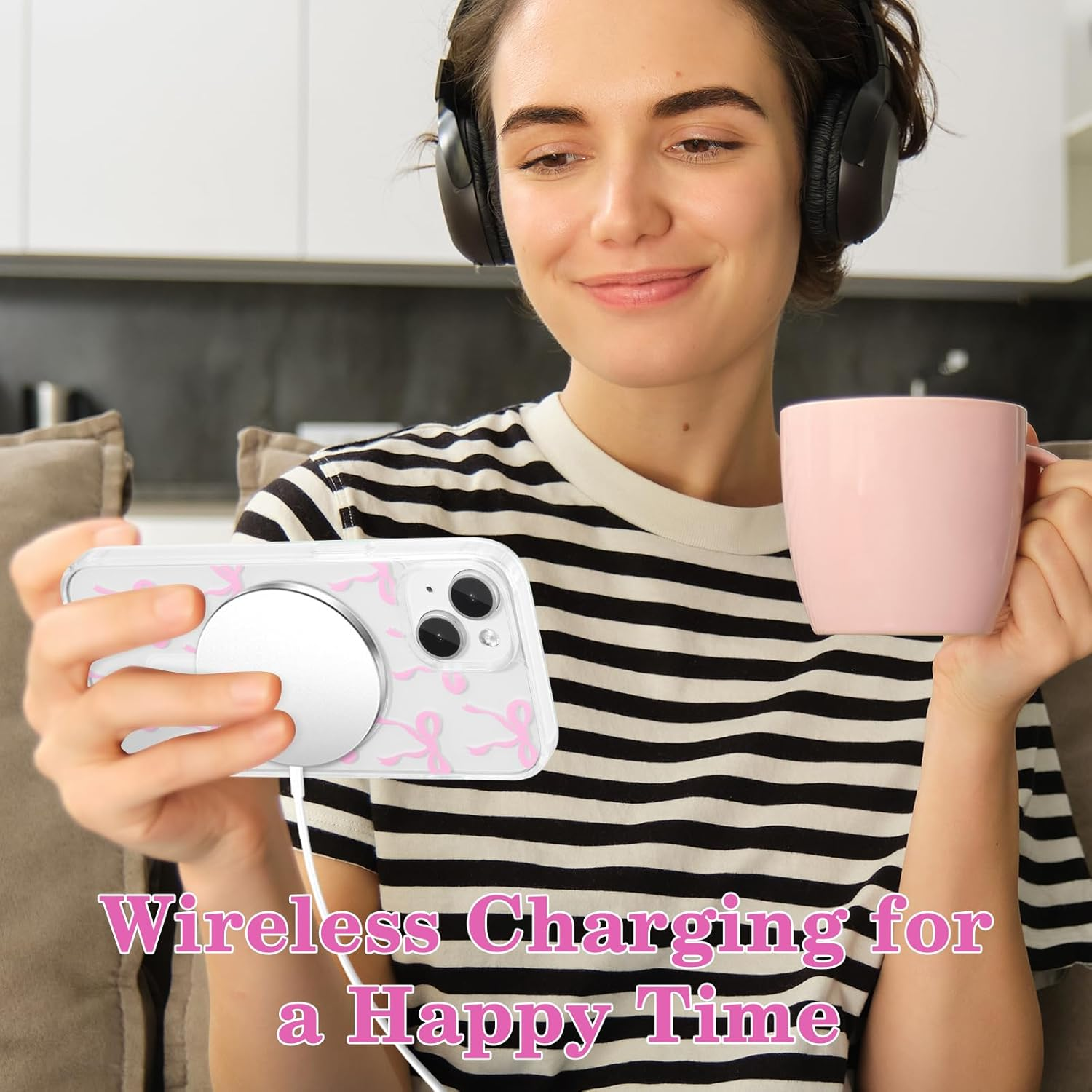 UEEBAI Magnetic for Iphone 14 Case & Iphone 13 Case, Bow Case Compatible with Magsafe, Wireless Slim Clear Ribbon Phone Case Anti-Yellowing Shockproof Protective Cover for Women Girl - Pink image number 5