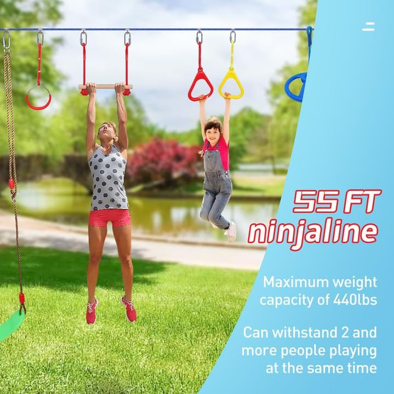 Ninja Warrior Kids Obstacle Course, 55 FT Durable Slackline with 8 Obstacles-Swings, Monkey Bars, Arm Trainers and More, Weatherproof Outdoor Obstacle Course for Backyard, Gym, Field image number 1