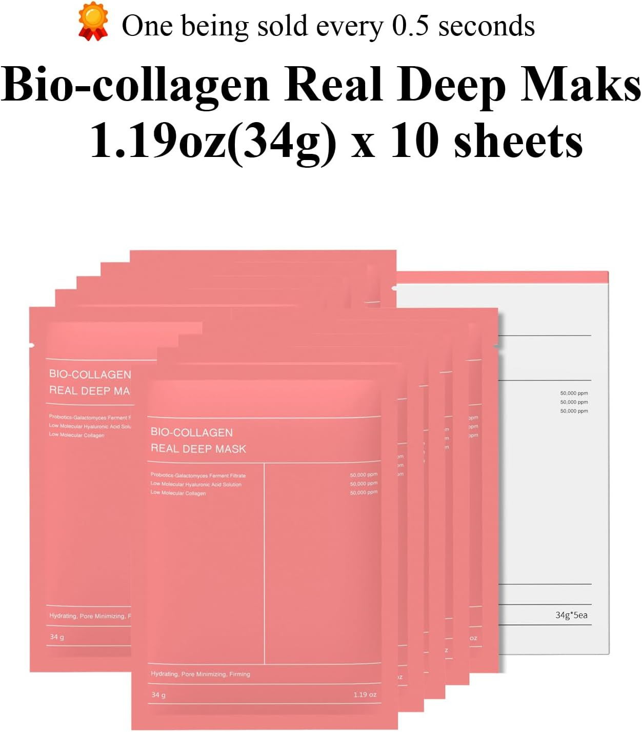 5 Sheet Bio-Collagen Real Deep Mask, 100% Korean Face Mask Skincare Products, Overnight Hydrating Face Mask, Pore Minimizing, Elasticity Improvement (34G X 5Ea) image number 6