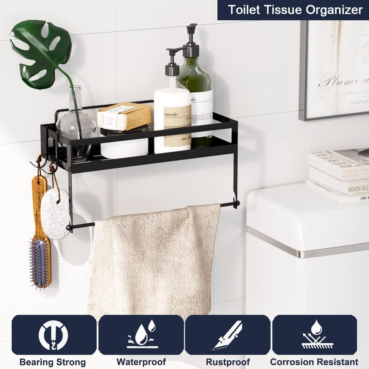 ESOW Paper Towel Holder with Shelf Storage, 2-In-1 Wall Mounted Paper Towel Roll Rack Basket for Kitchen, Balcony & Bathroom, Self-Adhesive or Drilling Installation, SUS304 Matte Black Finish image number 2