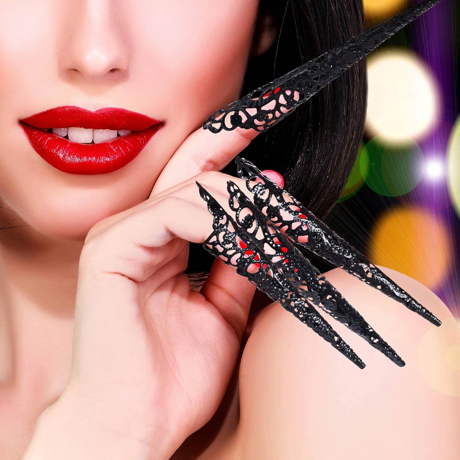 ANCIRS 10 Pack Finger Nail Tip Claw Rings, Ancient Queen Costume Fingertip Claw Nail Rings Decoration Accessory, Finger Knuckle Protectors for Halloween Cosplay Drama Dance Show- Black - Black image number 5