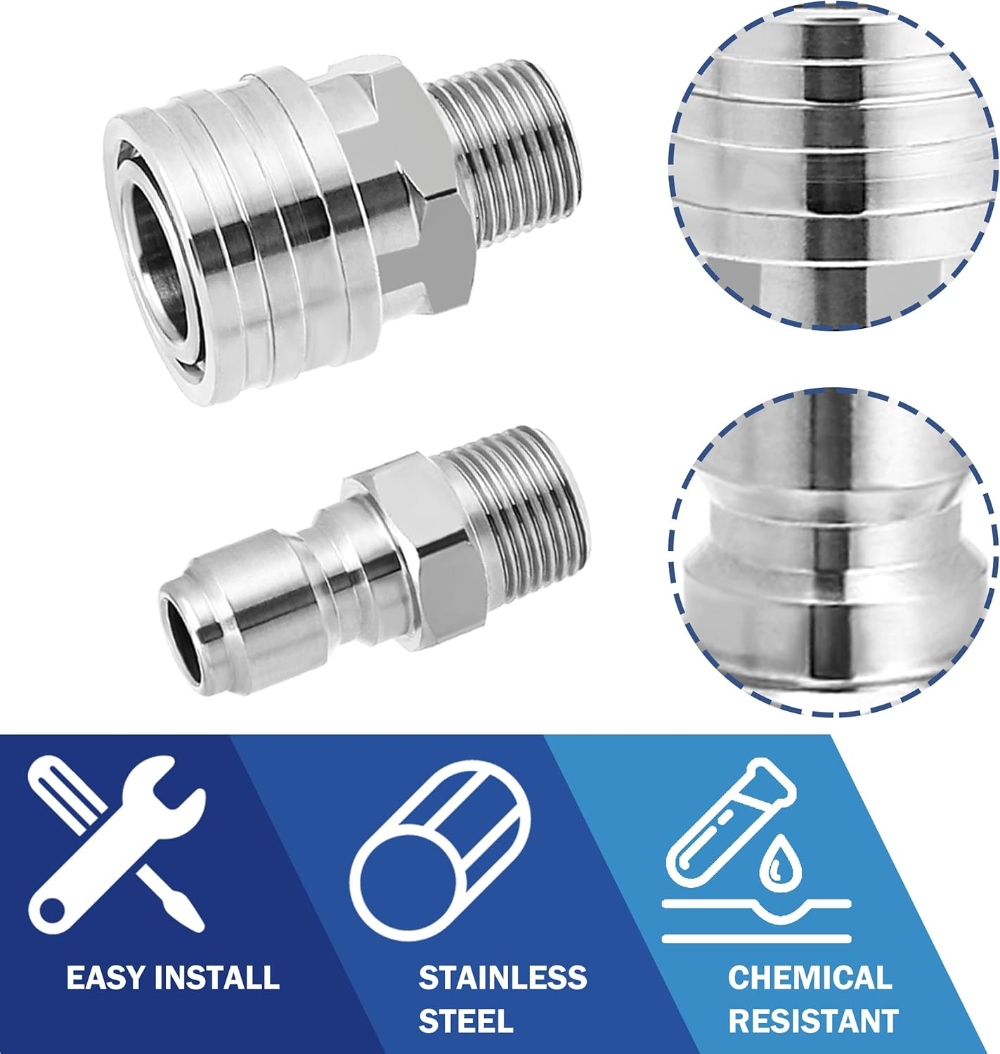 M MINGLE Pressure Washer Adapter Set, 2 Sets 3/8" Quick Connect Fittings, Male Pressure Washer Quick Disconnect Kit, Stainless Steel, 5000 PSI image number 4