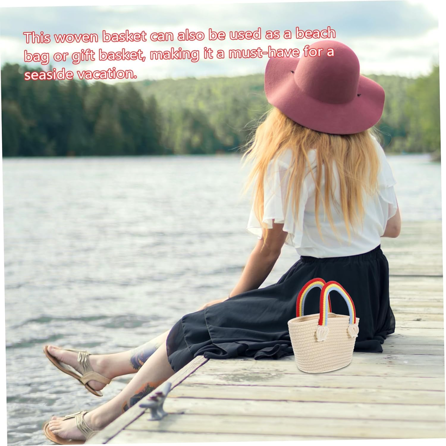 SHOWERORO Rainbow Cloud Woven Handbag Cotton Storage Basket for Snacks Beach Vacations Lightweight Practical Design with Vibrant Handles for Valentine Day Present Baskets image number 3