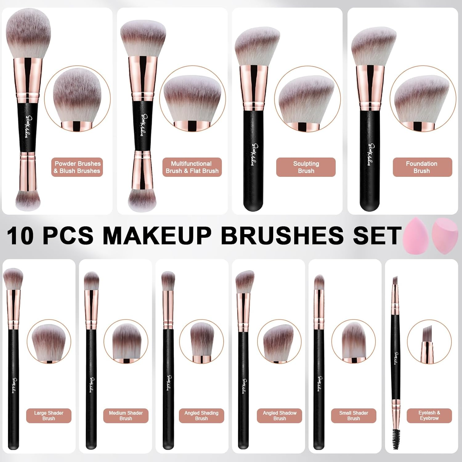 Start Makers Makeup Brushes Set 12 PCS Double Sided Make up Brushes with 2 Pcs Makeup Sponges Professional Foundation Brush Brush Set for Face and Eyes image number 3