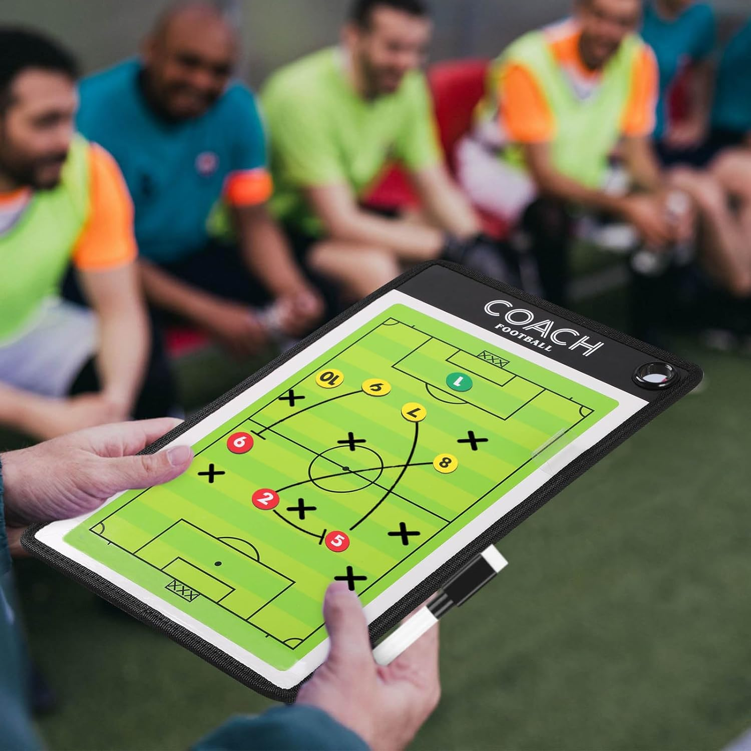 Soccer Coach Board Set，Geeric Football Coaches Tactical Board+Magnetic Number+Erasable Marker Pen Red & Black Hangable Waterproof Double-Sided Writing Coach Blackboard for Teaching,Game Plan image number 1