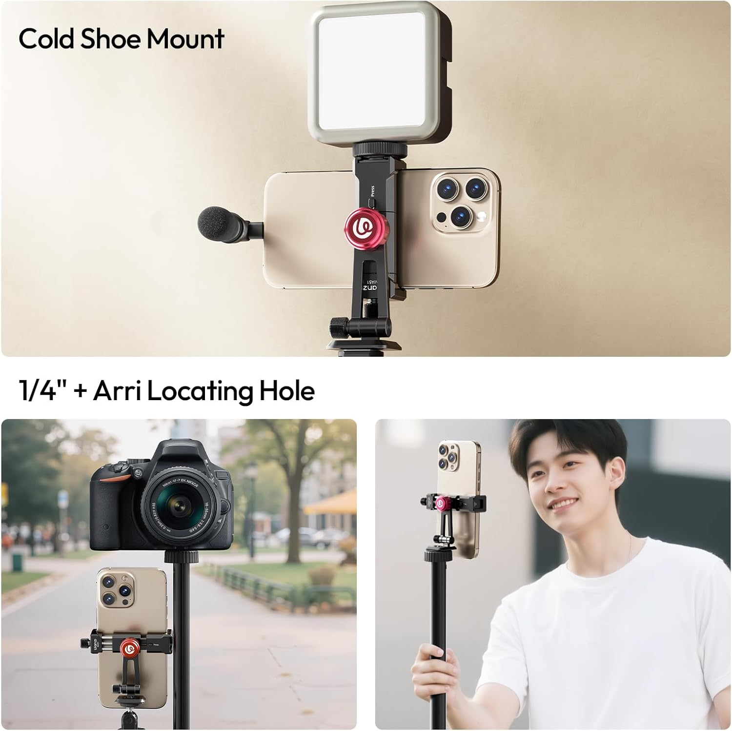 ULANZI MA51 Metal Phone Tripod Mount, Phone Clamp with Arca UKA Base, Cold Shoe, ARRI Locating Holes, 360&deg; Swivel 180&deg; Tilt, Cell Phone Holder Compatible with Iphone Samsung Galaxy and All Phones