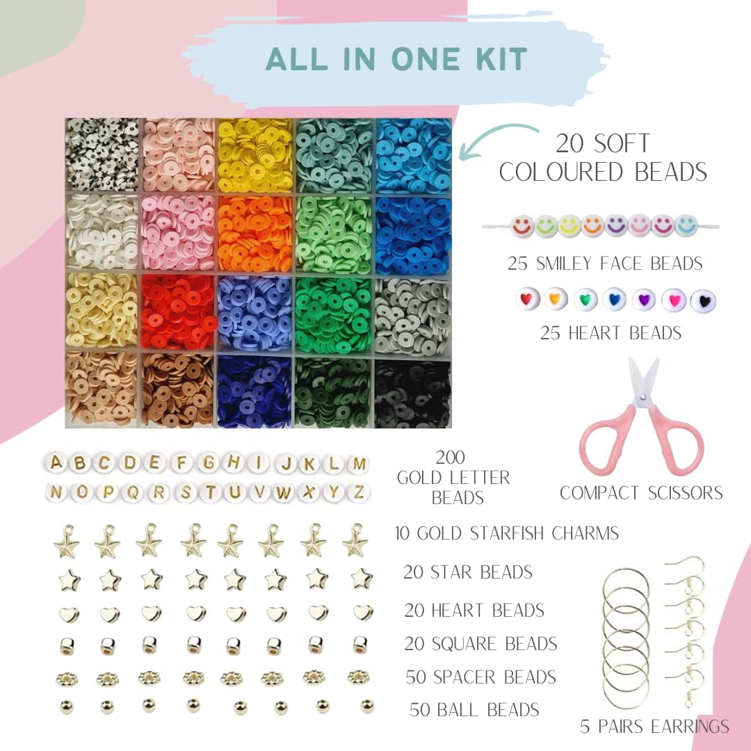 LIV&LOVE Polymer Clay Beads Set, DIY Heishi Beads for Jewellery Making, Flat Clay Polymer Beads for Bracelet Making Kit (PASTEL + SOFT GOLD Clay Bracelet Clay Beads Kit) image number 1