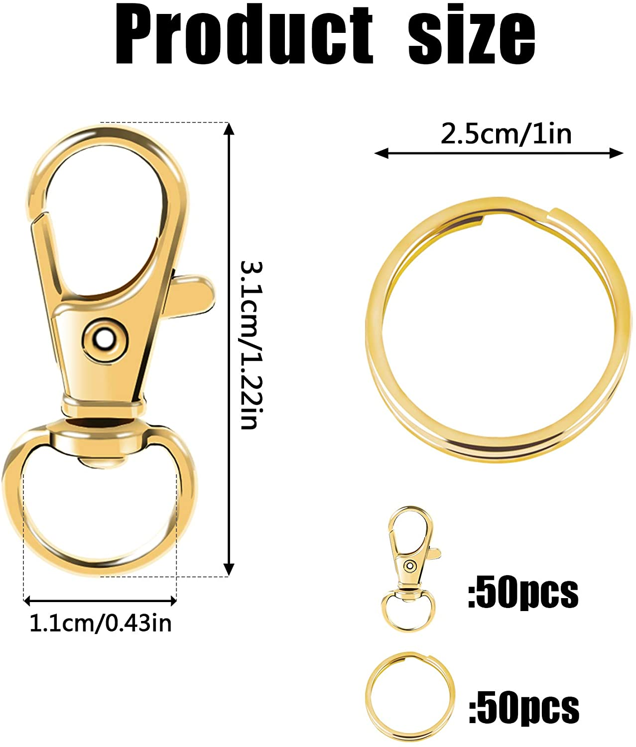 AUGSUN Swivel Clasps Lanyard Snap Hooks with Key Rings, Key Chain Clip Hooks Lobster Claw Clasps for Keychains Jewelry DIY Crafts (Gold) - 3.1Cmsilver image number 2